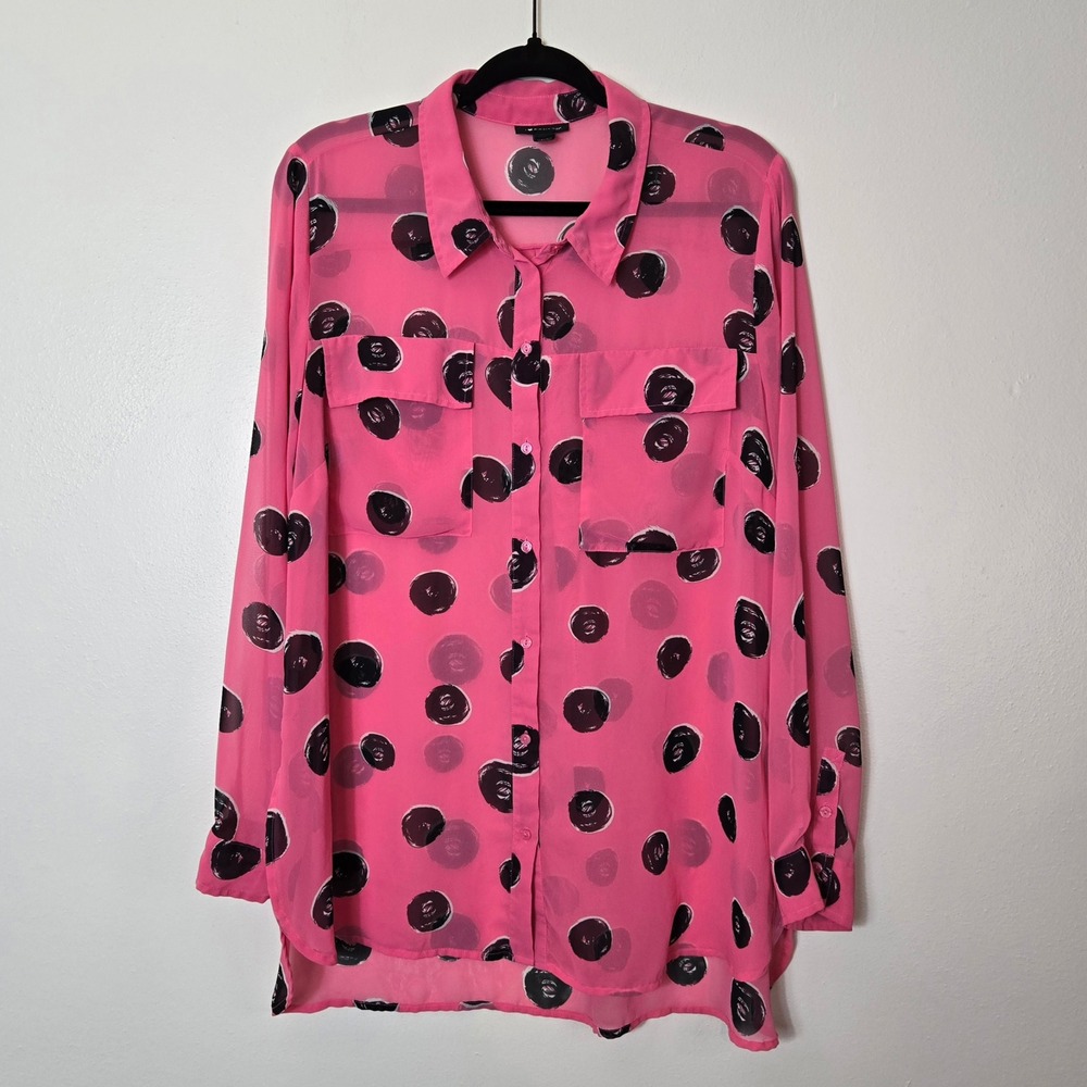 I Heart Ronson Womens XL Pink Abstract Polka Dot Sheer Chiffon Button Down Shirt